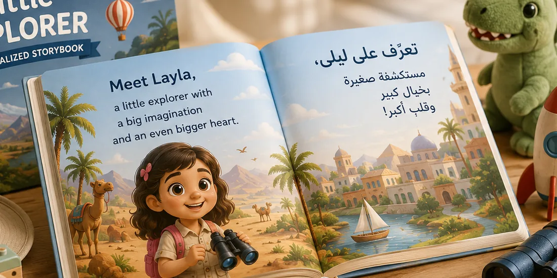 A Little Explorer storybook open on a table beside its hardcover edition, showing a personalized page in English and Arabic with a young girl exploring a desert oasis.