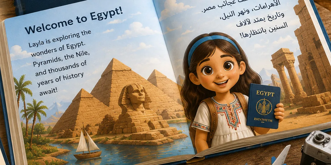 A Magic Passport book open at a page about Egypt, showing the pyramids and a personalized story in English and Arabic, beside a navy Magic Passport cover.