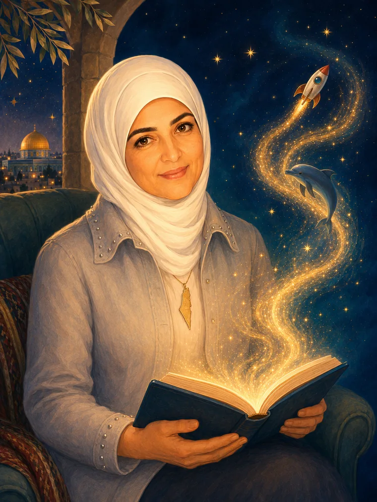 An illustrated portrait of Reema Hasona reading an open book, with a rocket and a dolphin rising from its glowing pages.
