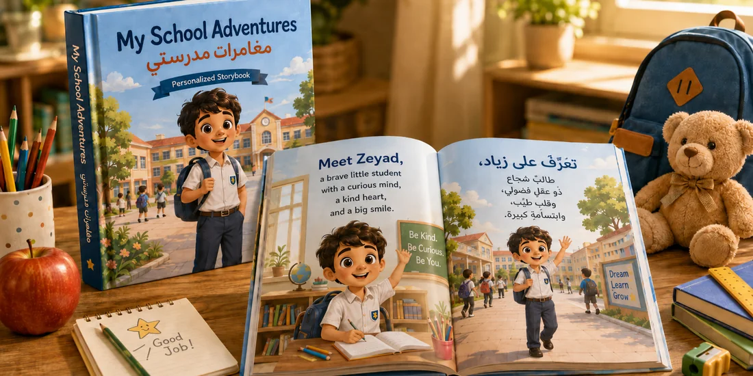 A My School Adventures storybook open on a desk beside its cover, showing a personalized page in English and Arabic with a boy in school uniform raising his hand in class.